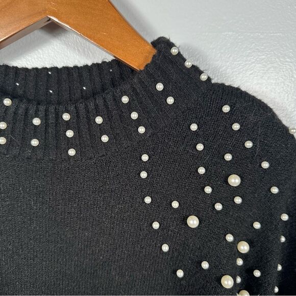 Sincerely Jules Pearl Studded Balloon Sleeve Black Pullover Sweater Size Medium - Picture 5 of 13
